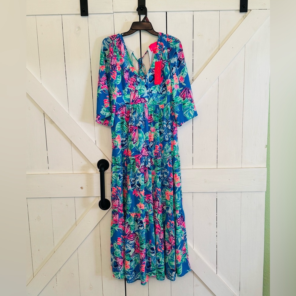 Lilly Pulitzer Pundy Blue Floral Tie-Back Maxi Dress: Isle Be Back design